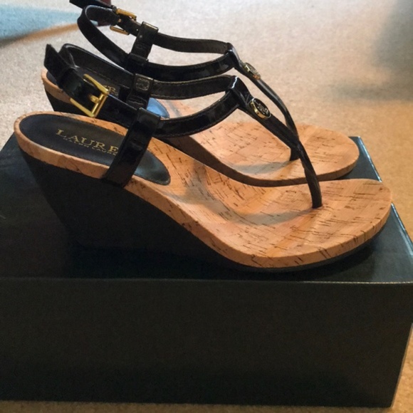 LAUREN Ralph Logo Cork Heel Wedges Size 7 - Picture 3 of 4